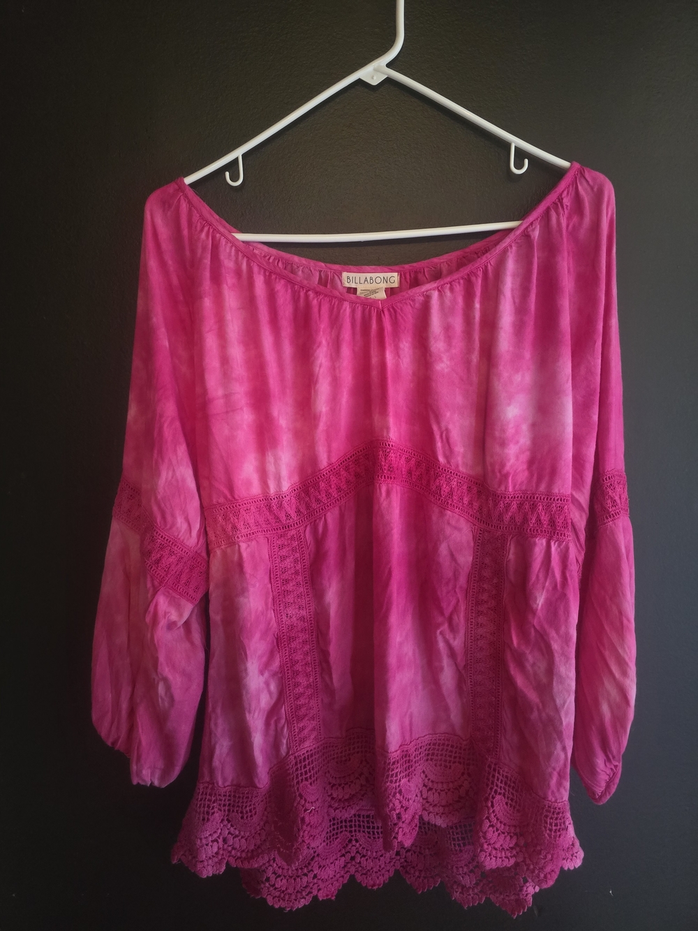 Billabong Women's Hot Pink Tie-Dye Crochet-Trim Blouse